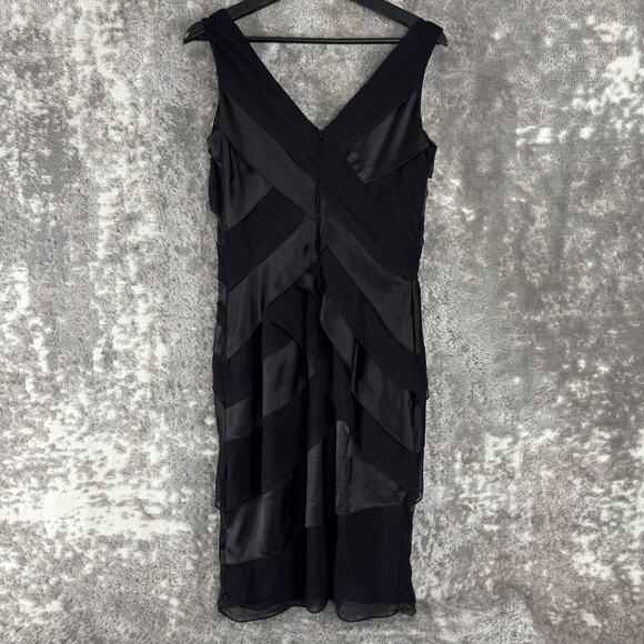 Tadashi Shoji Size 8 Silk V Neck Knee Length Sheath Dress Black Sleeveless Zip - Picture 5 of 11